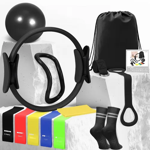 Miniatura 8 de Kit esencial de anillo de pilates para mujer, equipo de entrenamiento en casa con pelota de 9.8 pulgadas, bandas de resistencia, círculo mágico