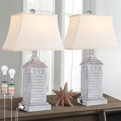 Juego de 2 lámparas de mesa costeras Hamucd, lámparas de sala de estar de playa para dormitorio con USB A+C, resina moderna antigua gris LED de 3