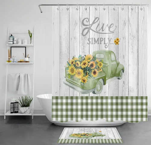 EOBTAIN Juego de cortinas de ducha de girasol, camión de granja, campo, salvia, verde, a cuadros, flores florales amarillas en tablero de madera