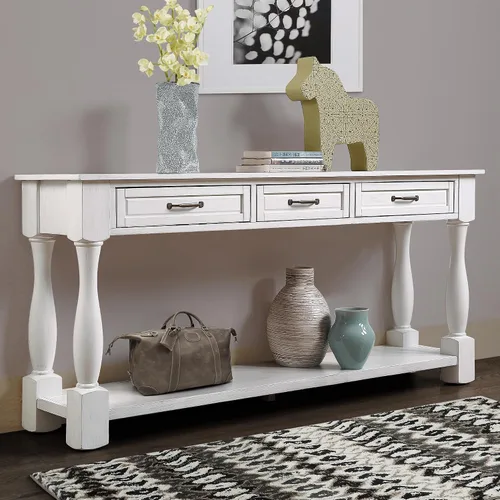 Miniatura 15 de RuiSiSi Mesa consola de 48 pulgadas con 3 cajones y 2 estantes, mesa de sofá de madera de granja para sala de estar, entrada, pasillo, color blanco