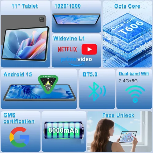 Miniatura 8 de Tablet Android 15, Tablet de 11 Pulgadas con 8000 mAh, Octa-Core, 20 GB RAM 128 GB ROM Expansión de 1 TB, 1920x1200, 5MP+8MP, WiFi 2.4G/5G, Soporte