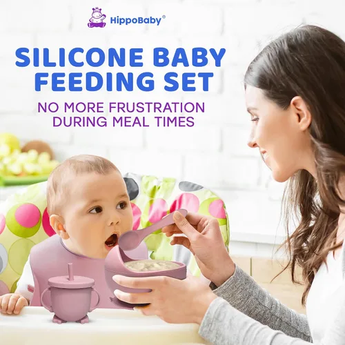 Miniatura 3 de HippoBaby Suministros de destete para bebés Juego de alimentación para bebés de silicona de 10 piezas, babero para bebé y niño pequeño, taza