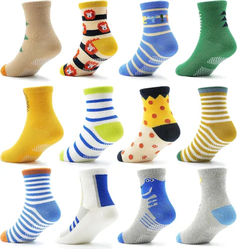 Miniatura 12 de ELUTONG - Calcetines de agarre para niños, paquete de 12 unidades, antideslizantes, calcetines de tripa para bebés y niños de 1 a 7 años, niños