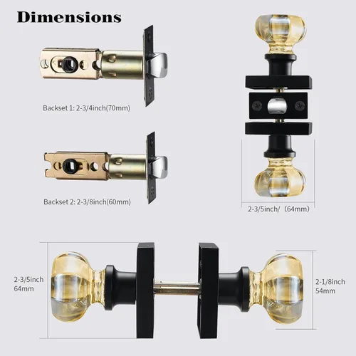 Miniatura 6 de Picaporte de vidrio dorado champagne para puerta de pasaje – Manija interior de cristal sin bloqueo con roseta cuadrada negra mate – Estilo elegante