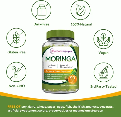 Miniatura 5 de Doctor's Recipes Moringa 11,000 mg de potencia, superalimento verde completo, apoyo natural antioxidante, sin OMG, 90 cápsulas veganas, sin cafeína