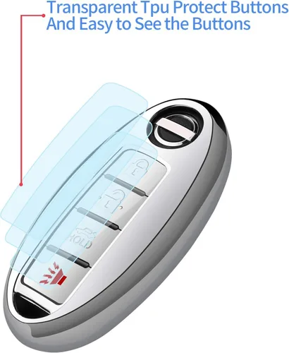 Miniatura 4 de Funda compatible con llavero Nissan con llavero de cuero, funda de protección de TPU suave para llave inteligente Altima Maxima Rogue Armada Plateado