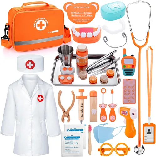 Juego de dentista para niños, kit médico de madera para niños pequeños de 3 a 5 años con estetoscopio real, dientes extraíbles, frenos y bolsa de