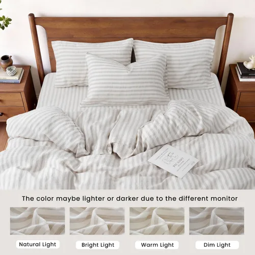Miniatura 6 de S VICTORY SYMBOL - Juego de funda de edredón de lino orgánico 100%, rayado beige clásico teñido en masa, juego de ropa de cama de lino natural Rayas