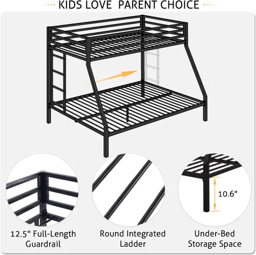 Miniatura 8 de SHA CERLIN Litera tipo loft de tamaño Twin sobre Full con escalera y barandilla, listones de metal resistente, no necesita somier, muebles Negro
