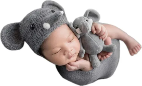 Miniatura 2 de Accesorios de fotografía para recién nacidos para niños y niñas, gorro de elefante mohair, gorro de punto de ganchillo