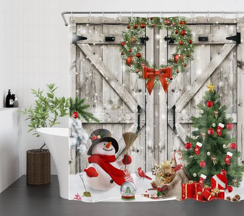 Miniatura 6 de Christmas Shower Curtain, Christmas Tree with Red Xmas Balls and Cute Snowman on Barn Door Bathroom Curtain, Winter Holiday Bathroom Decor with 10