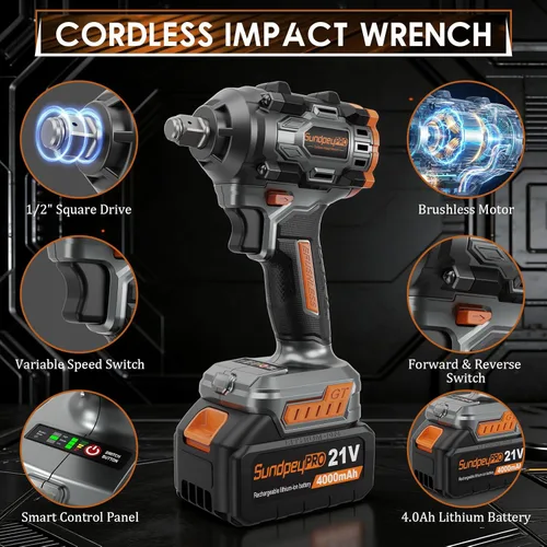 Miniatura 2 de 21V Cordless Impact Wrench - 750Ft-lbs(1000N·m) High Torque Brushless Power 1/2 Inch Impact Gun with 2 x 4.0Ah Batteries & 6 Sockets & Fast Charger