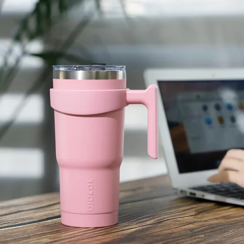 Miniatura 5 de BJPKPK Vaso con asa de acero inoxidable de 20 onzas, con aislamiento de doble pared, con tapa y pajita, color rosa claro A-rosa claro