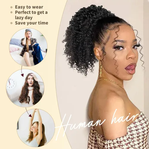 Miniatura 6 de Cola de caballo de cabello humano con cordón para mujeres negras, extensión de cabello humano rizado 4C, 8 pulgadas, aspecto natural, añade volumen