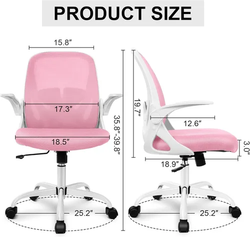 Miniatura 3 de Primy Silla de oficina ergonómica con soporte lumbar ajustable y altura, silla giratoria de malla transpirable para computadora con reposabrazos Rosa