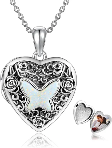 URONE Collar con medallón de corazón de mariposa de plata de ley 925, collar con colgante de mariposa que sostiene fotos medallón de fotos, joyería