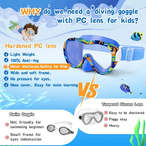 Miniatura 5 de Gafas de natación para niños con cubierta para la nariz, máscara de esnórquel panorámica de 180° con diseño antivaho y antifugas, correa de tela