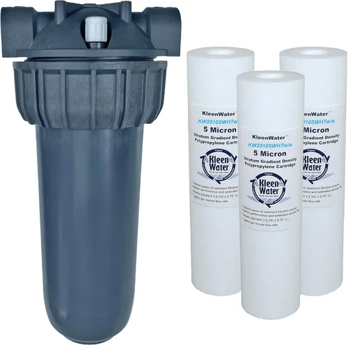 KleenWater Filtro de Agua Caliente (1), Soporte de Montaje (1), Cartuchos de Alta Temperatura, 5 Micras (3), Junta Tórica de Repuesto (1), Llave de