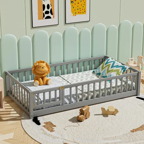 Miniatura 11 de Marco de cama Montessori de madera de tamaño individual con listones de madera, valla y puerta para niños, niñas y niños, espresso