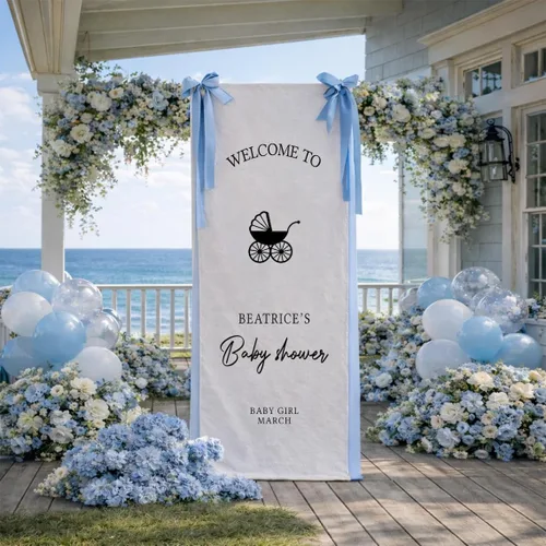 Miniatura 10 de Banner de bienvenida personalizado para baby shower, letrero de telón de fondo de tela con nombre personalizado Baby Shower #6