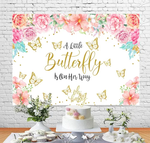 Miniatura 4 de Telón de fondo de mariposa para baby shower, con texto en inglés "A Little Butterfly is On Her Way", fondo de baby shower, fondo de mariposa floral
