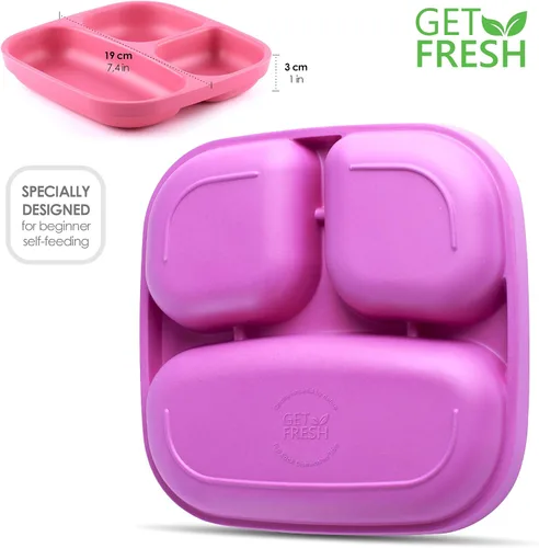 Miniatura 3 de GET FRESH Bamboo Kids - Juego de 2 platos divididos con 3 compartimentos para comidas infantiles, vajilla reutilizable