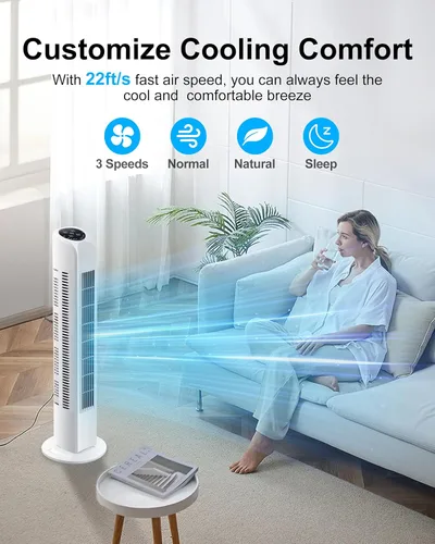 Miniatura 2 de Uthfy Ventilador de torre oscilante sin aspas con control remoto, refrigeración silenciosa, portátil, ventilador eléctrico de pie con 3 velocidades