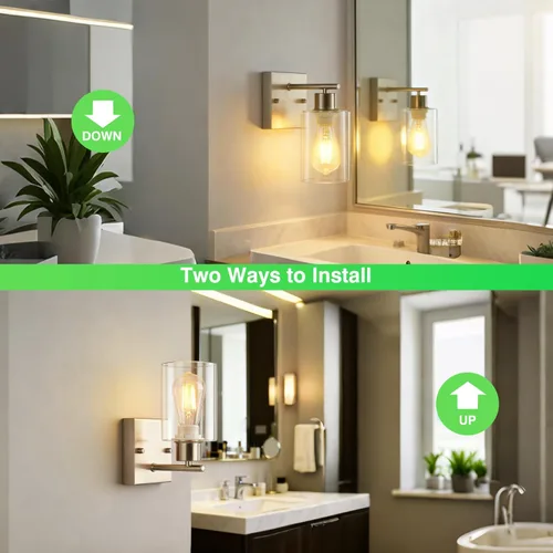 Miniatura 2 de 2 paquetes de apliques de pared para baño, luces de tocador de níquel cepillado, lámpara de pared moderna con pantalla de vidrio transparente
