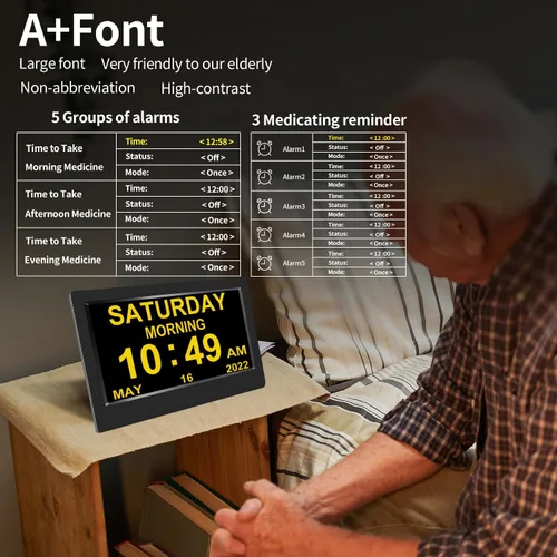 Miniatura 3 de AINFTIME Reloj DST con día y fecha para ancianos, 3 pantallas, calendario digital, alarma, día, demencia, Alzheimer, reloj con pantalla extragrande
