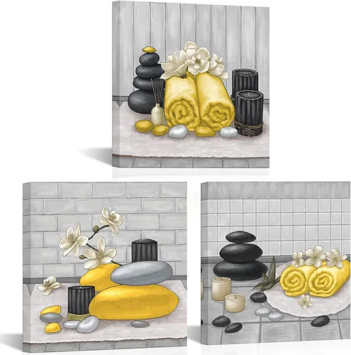 RnnJoile Arte de pared de lienzo para spa con piedra Zen y orquídea, pintura de estilo bodegón amarillo, impresiones para decoración de baño,