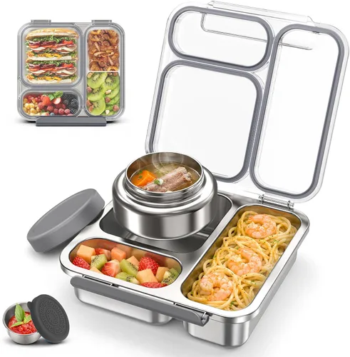 Miniatura 8 de Caja Bento de acero inoxidable para niños y adultos con termo de sopa de 7 onzas, tapa transparente, 3 compartimentos, lonchera Bento de metal