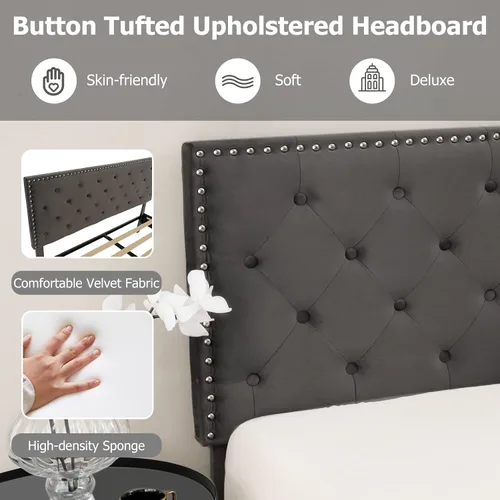 Miniatura 6 de KOMFOTT Base de cama tapizada tamaño matrimonial, base de cama de plataforma con cabecera copetuda y estribo acolchado suave, base de colchón