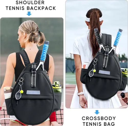 Miniatura 2 de Mochila de Tenis con Soporte para 2 Raquetas, Bolsa de Raqueta de Tenis de Cuero PU Resistente al Agua para Mujeres y Hombres, Mochila Deportiva