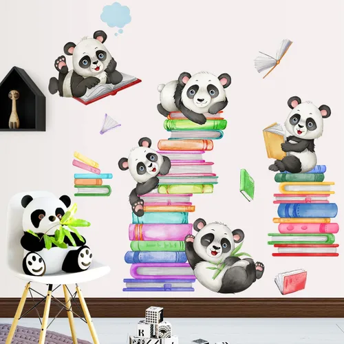Amaonm - Calcomanía de pared de libro de lectura de panda feliz de dibujos animados, calcomanías educativas, decoración artística para niños, niños,