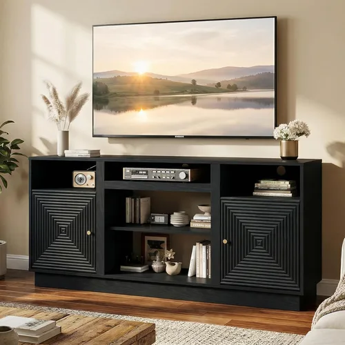 RoyalCraft Soporte de TV negro para televisores de hasta 65 pulgadas, centro de entretenimiento moderno de mediados de siglo con almacenamiento y