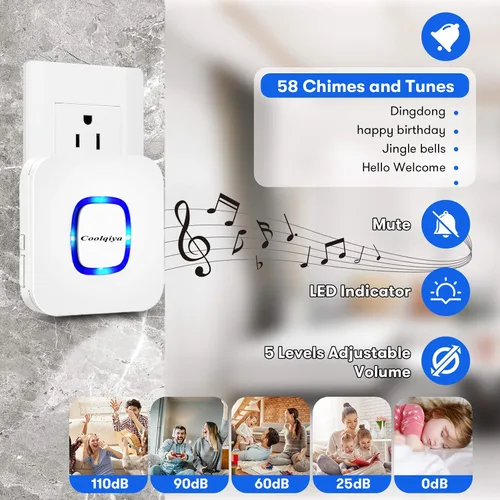 Miniatura 3 de Timbre inalámbrico Coolqiya con 2 botones remotos y 3 receptores de enchufe, no necesita pilas para receptor de más de 50 campanadas, blanco