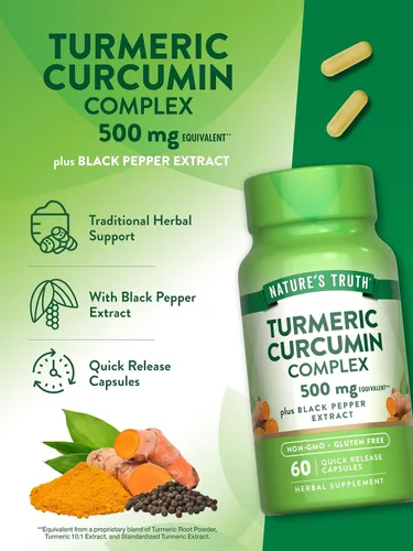 Miniatura 5 de Curcumina de cúrcuma con extracto de pimienta negra 500 mg 60 cápsulas Suplemento complejo sin OMG y sin gluten por Nature's Truth