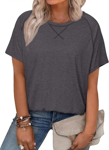 Miniatura 11 de Eytino Blusas de talla grande para mujer, cuello en V, manga corta, a rayas, casual, holgada, con bolsillo (1X-5X)