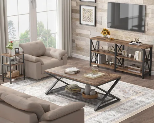 Miniatura 6 de LVB Mesa de café negra, mesas centrales de 2 niveles de metal y madera con estante de almacenamiento, mesa de té moderna rectangular para el cóctel