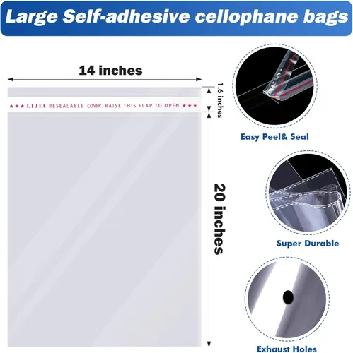 Miniatura 4 de Bolsas de celofán resellables transparentes grandes de 14 x 20 pulgadas para productos de embalaje, 300 bolsas de regalo autosellantes, bolsas
