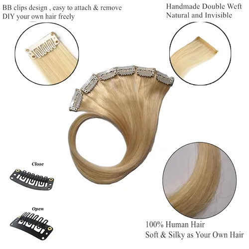 Miniatura 3 de Extensiones de cabello humano con clip, de 18 pulgadas, rubio decolorado, 100% real, extensiones de cabello con clip para mujer, 6 piezas de cabello