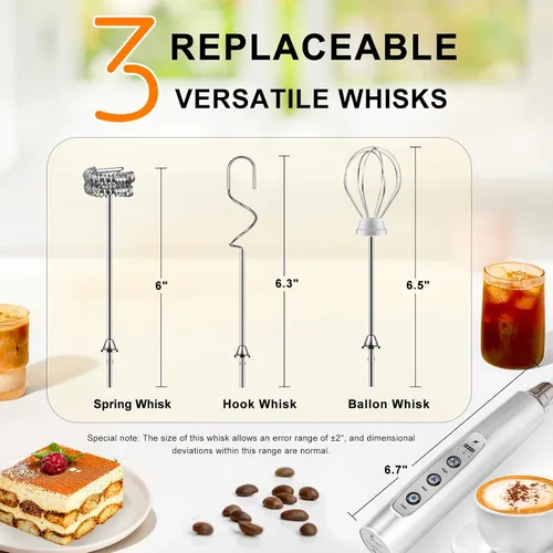 Miniatura 5 de YUSWKO Espumador de leche recargable de mano con 3 cabezas, batidor eléctrico de café plateado para bebidas, mezclador de espuma de mano mini con 3