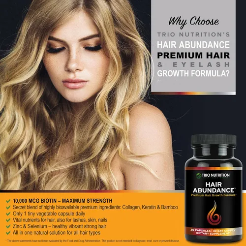 Miniatura 2 de TRIO NUTRITION Abundancia capilar Suplemento vitamínico natural para el crecimiento del cabello, uñas fuertes y piel suave Impulsado