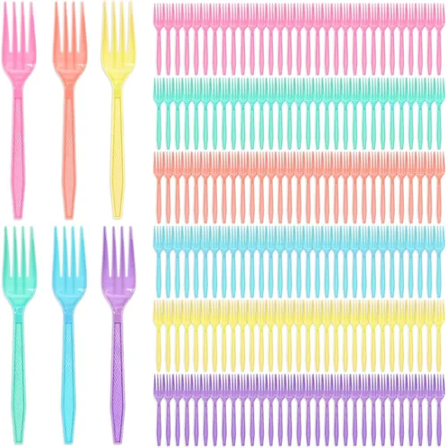 JarThenaAMCS 150 tenedores de plástico pastel de 6 colores macarrón, desechables, de alta resistencia, tenedor de postre, cubiertos de plástico para