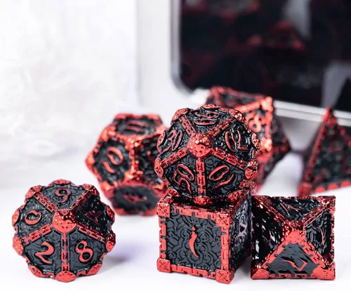 Miniatura 5 de Cusdie 7 dados de metal con caja de metal, juego de dados poliédricos DND con diseño de daga, para juegos de rol, dados D&D (negro con fuente roja)