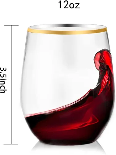 Miniatura 2 de SUT Paquete de 32 copas de vino de plástico con borde dorado de 12 onzas, sin tallo, desechables con calidad premium, reutilizables, irrompibles