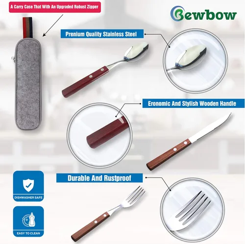 Miniatura 5 de Juego de utensilios de viaje de acero inoxidable de alta calidad con estuche, saludable y ecológico, 3 piezas, tenedor, cuchara, portátil