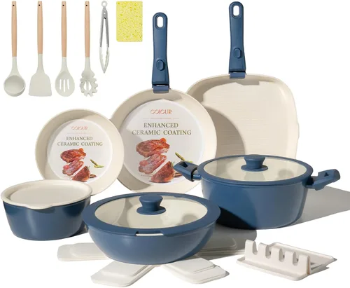 Miniatura 10 de Juego de 23 utensilios de cocina de cerámica antiadherentes, no tóxico, con mango desmontable, juego de utensilios de cocina de inducción que ahorra