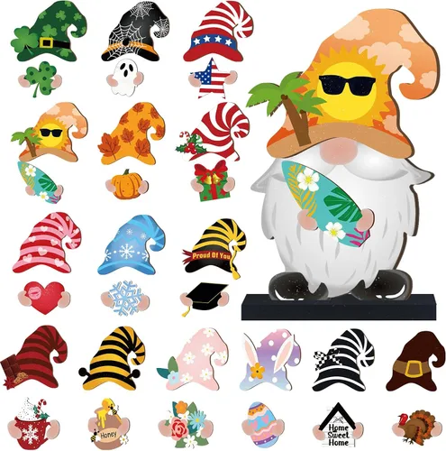Blulu 32 piezas intercambiables de gnomos de madera para decoración de verano del 4 de julio, gnomos patrióticos de bienvenida, decoración de