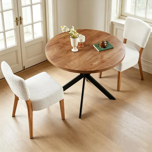 Miniatura 8 de Juego de mesa redonda y silla de 3 piezas, ahorro de espacio, rincón de desayuno, mesa de madera de nogal con marco de metal y 2 sillas de comedor